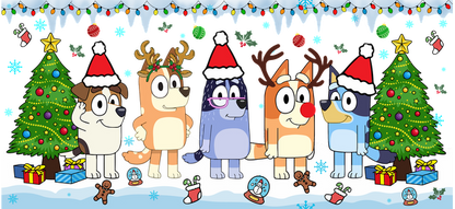 A festive gathering of cheerful cartoon dogs in Christmas hats, surrounded by trees, decorations, and gifts in a snowy setting.UV Transfers heat press transfers