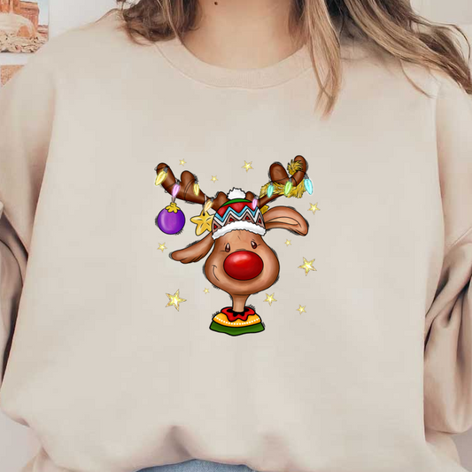 A cheerful cartoon reindeer wearing a festive hat, adorned with colorful ornaments and sparkling stars, perfect for celebrating the holidays!DTF Transfersdtf regular iron