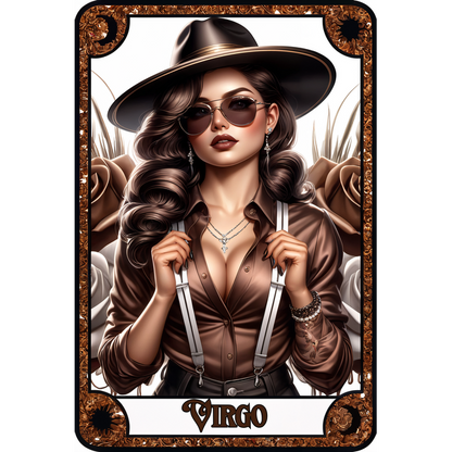 Personaje de Virgo elegantemente representado con una camisa marrón y un sombrero, complementado con gafas de sol, tirantes y joyas, sobre un fondo floral.