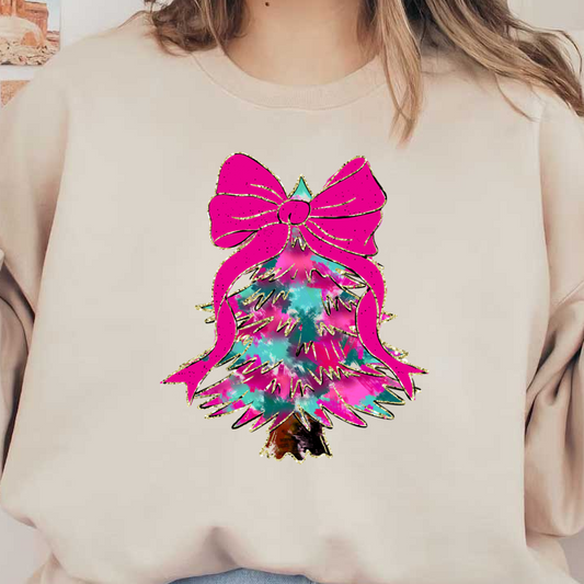 A vibrant, whimsical Christmas tree adorned with a large pink bow, featuring colorful, splattered decorations for a festive touch.DTF Transfersdtf regular iron