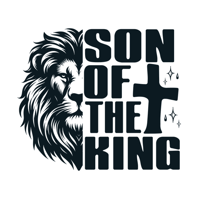A bold design featuring a lion's profile alongside the text "SON OF THE KING" and a prominent cross.DTF Transfers