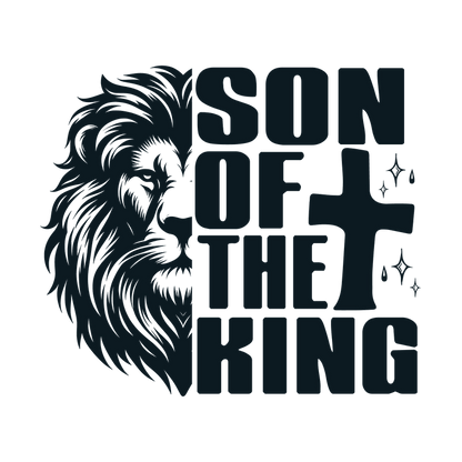 A bold design featuring a lion's profile alongside the text "SON OF THE KING" and a prominent cross.DTF Transfers