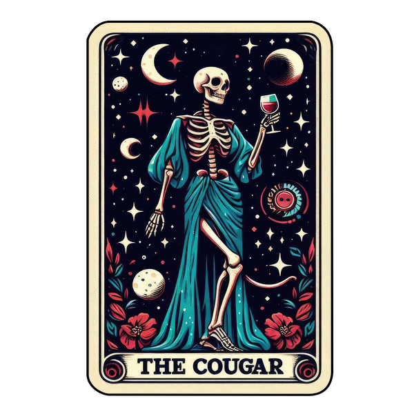 A whimsical illustration features a skeleton in a flowing blue robe, holding a wine glass amidst stars and planets, labeled "The Cougar." dtf transfers