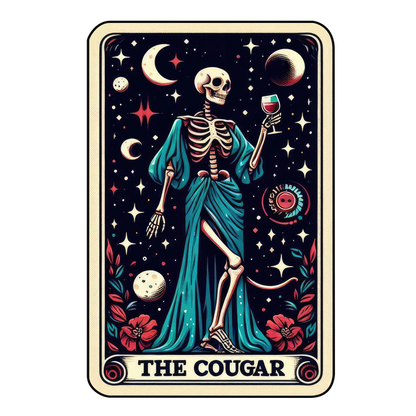 A whimsical illustration features a skeleton in a flowing blue robe, holding a wine glass amidst stars and planets, labeled "The Cougar." dtf transfers