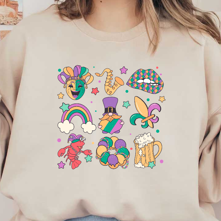 Celebrate Mardi Gras with this playful collection featuring a jester, saxophone, rainbow, bearded figure, musical notes, and festive treats!DTF Transfers