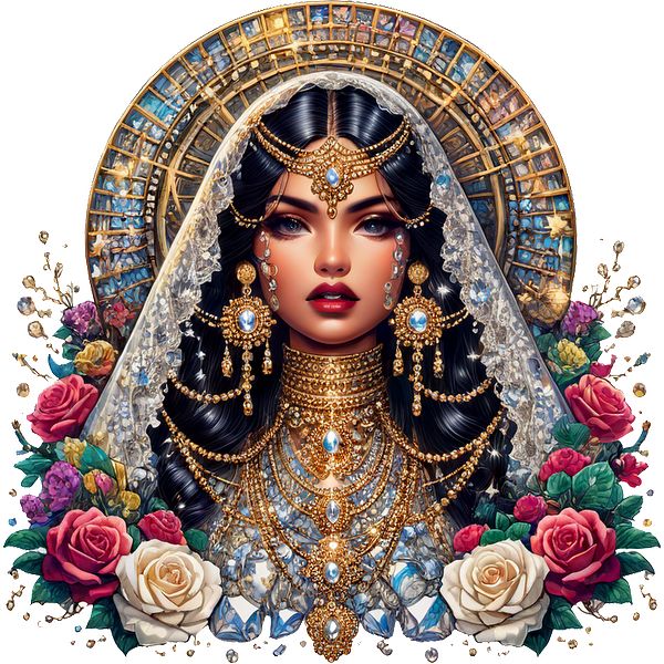 A beautifully detailed illustration of a woman adorned in intricate gold jewelry and a veil, surrounded by vibrant roses and floral accents.dtf regular iron