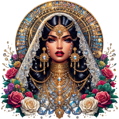 A beautifully detailed illustration of a woman adorned in intricate gold jewelry and a veil, surrounded by vibrant roses and floral accents.dtf regular iron