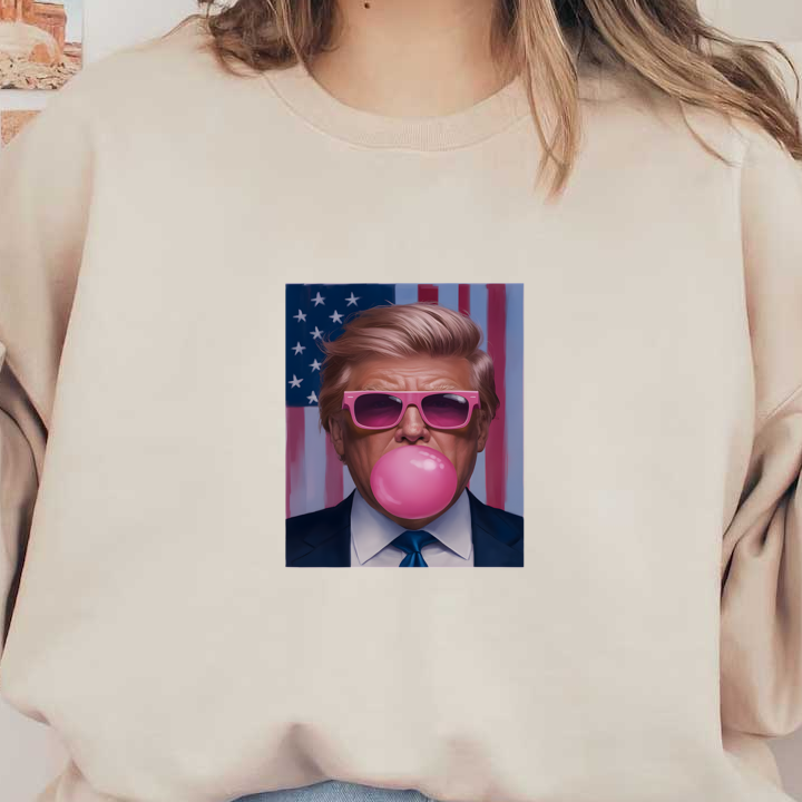 A playful portrait featuring a man with blonde hair, pink sunglasses, and a bubblegum bubble, set against an American flag backdrop. dtf transfers