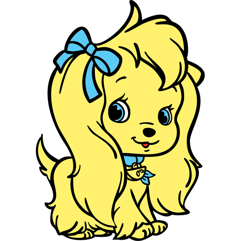 An adorable cartoon puppy with long yellow fur, a blue bow, and a playful expression, perfect for a cheerful vibe!DTF Transfers