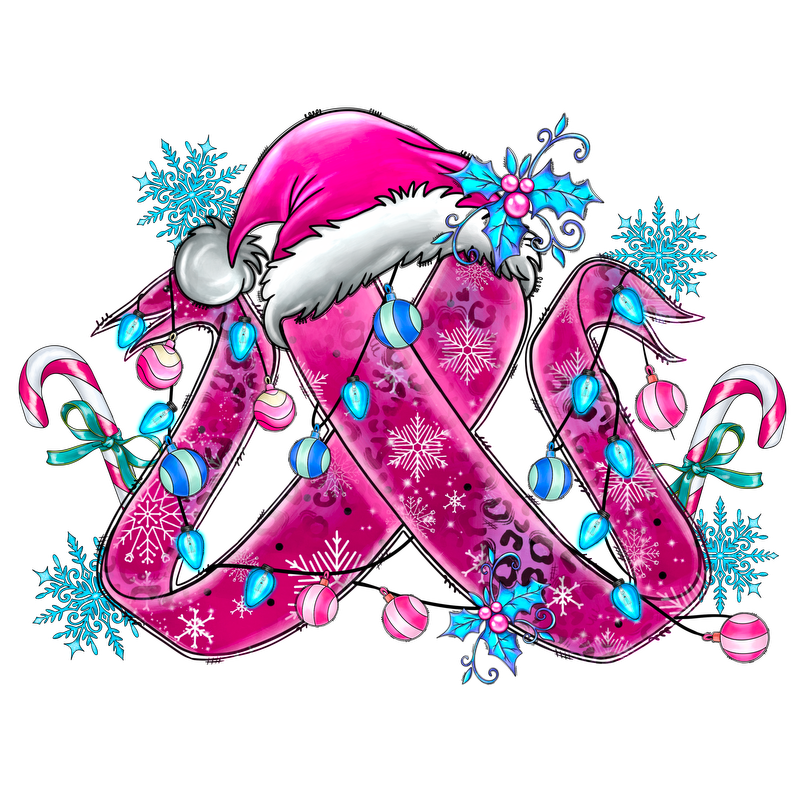 A vibrant pink ribbon adorned with ornaments, snowflakes, and a Santa hat, perfect for festive holiday decorations.DTF Transfers