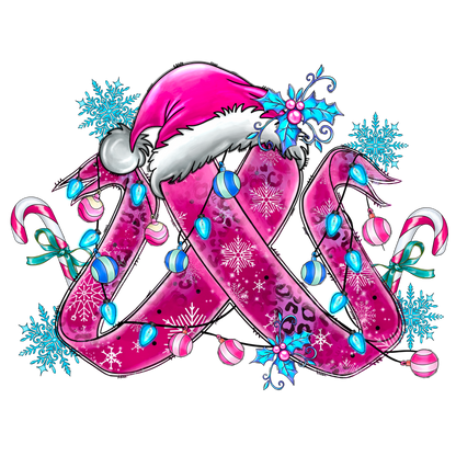 A vibrant pink ribbon adorned with ornaments, snowflakes, and a Santa hat, perfect for festive holiday decorations.DTF Transfers