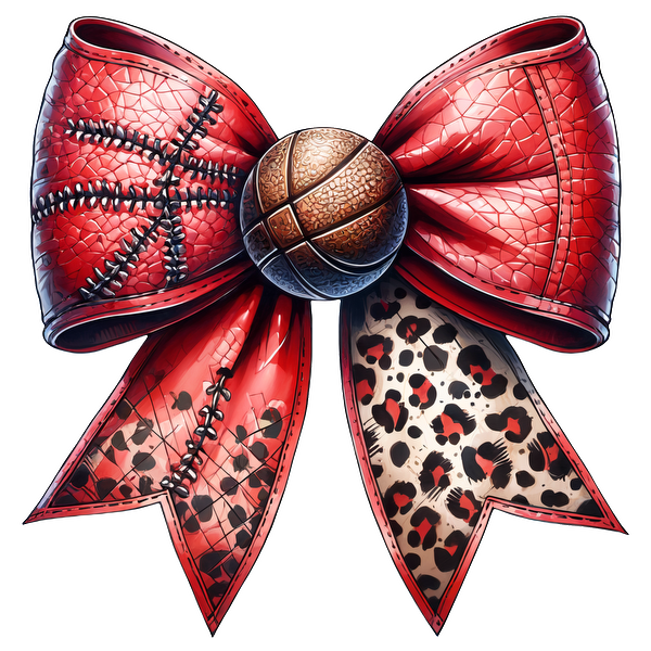 A vibrant red bow features textured leather and a basketball centerpiece, complemented by stylish leopard print tails.dtf regular iron