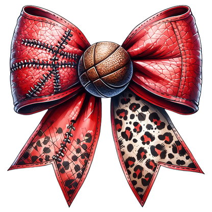 A vibrant red bow features textured leather and a basketball centerpiece, complemented by stylish leopard print tails.dtf regular iron