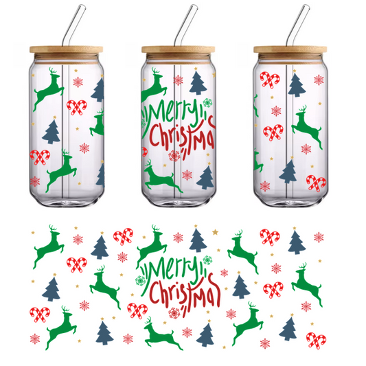 A festive Christmas pattern featuring reindeer, Christmas trees, and ornaments with the cheerful message "Merry Christmas."UV Transfers dtf prints