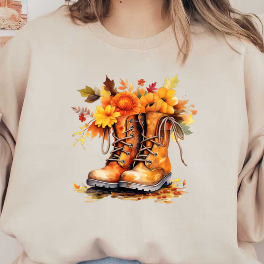 A charming pair of orange boots overflowing with vibrant autumn flowers and leaves, perfect for celebrating fall's beauty. dtf transfers