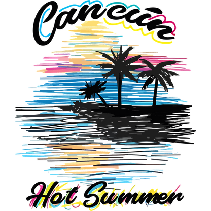 Un gráfico vibrante de puesta de sol que presenta siluetas de palmeras contra olas coloridas, con el texto "¡Hola Suerte!" agregando un toque animado.