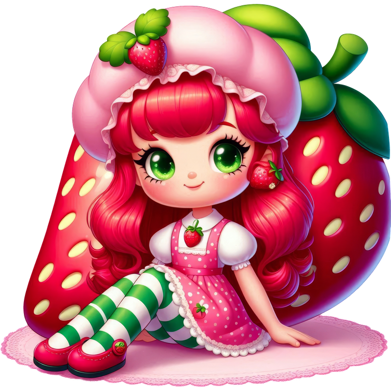 This adorable strawberry-themed character features bright green eyes, vibrant red hair, and a playful outfit with striped stockings.DTF Transfers