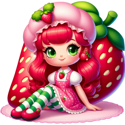 This adorable strawberry-themed character features bright green eyes, vibrant red hair, and a playful outfit with striped stockings.DTF Transfers