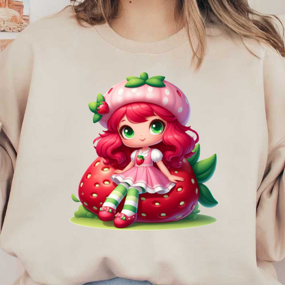 This cute, colorful illustration features a character sitting on a large strawberry, dressed in a pink dress and striped green socks.DTF Transfers