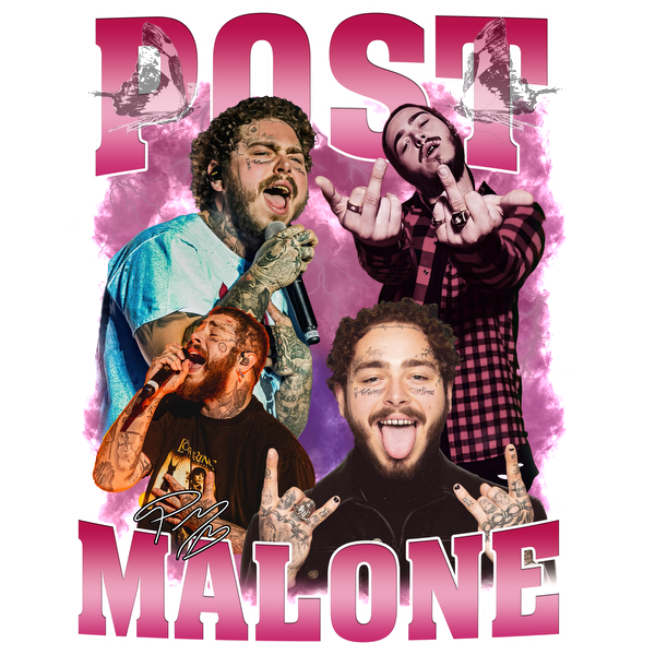 Un collage vibrante que presenta a Post Malone, que muestra su estilo característico y sus actuaciones carismáticas con un diseño de texto audaz "Post Malone". Transferencias DTF