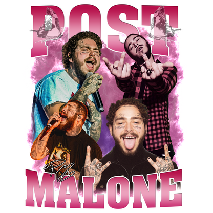 Un collage vibrante que presenta a Post Malone, que muestra su estilo característico y sus actuaciones carismáticas con un diseño de texto audaz "Post Malone". Transferencias DTF