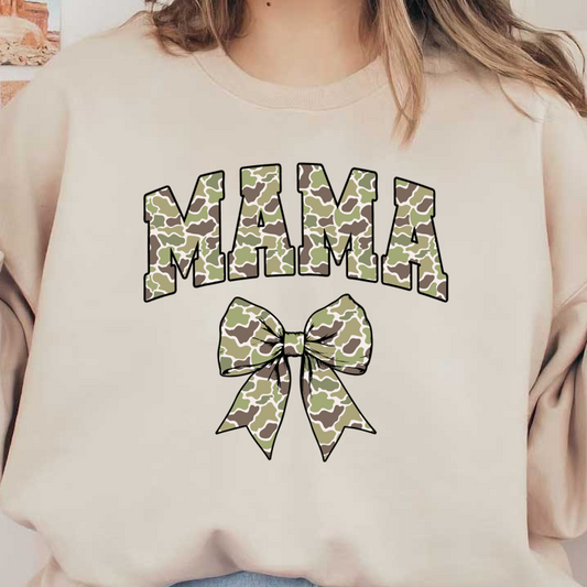 Stylish camouflage design featuring the word "MAMA" topped with a chic bow, perfect for a trendy mom look.