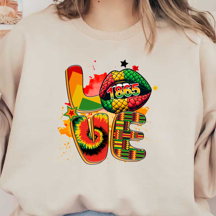 Vibrant graphic featuring the word "LOVE" with artistic elements, including a colorful lip print and a bold year "1865."