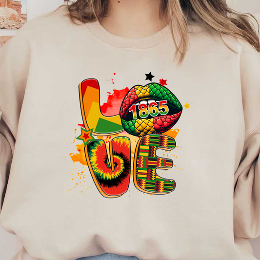 Vibrant graphic featuring the word "LOVE" with artistic elements, including a colorful lip print and a bold year "1865."