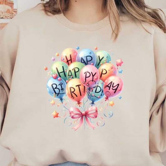 Celebrate with this colorful bunch of balloons that spell out "Happy Birthday," adorned with confetti and a cheerful bow!DTF Transfers