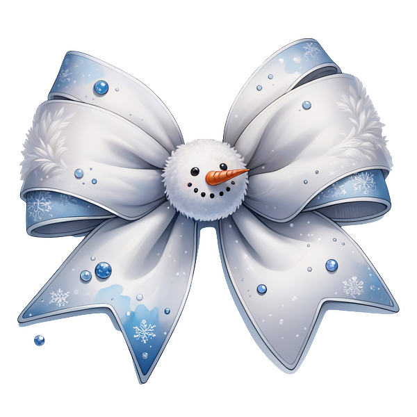 This charming snowman-themed bow features soft white and blue ribbons adorned with snowflakes, perfect for festive decorations.