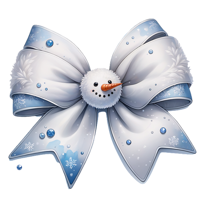 This charming snowman-themed bow features soft white and blue ribbons adorned with snowflakes, perfect for festive decorations.