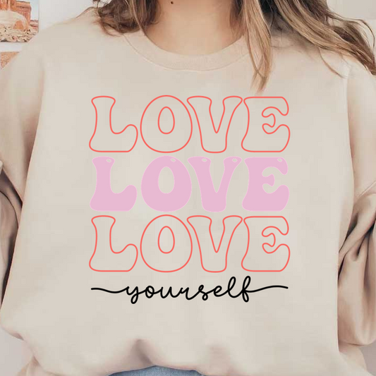 Colorful and playful design featuring the word "LOVE" in varying styles and hues, perfect for expressing affection. dtf transfersdtf regular iron