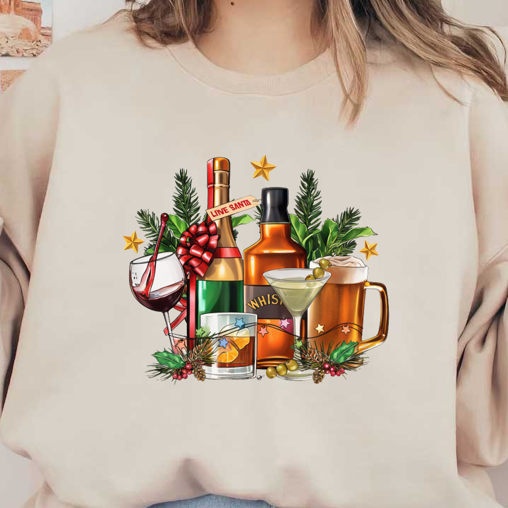 Un arreglo festivo de bebidas que incluye champán, whisky, vino y un cóctel, adornado con vegetación y decoraciones navideñas.