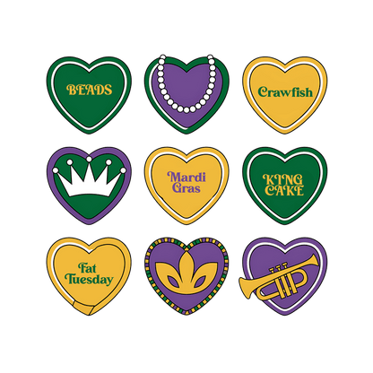 A vibrant collection of heart-shaped stickers featuring Mardi Gras themes, including "Beads," "Crawfish," "Mardi Gras," and "King Cake."DTF Transfers