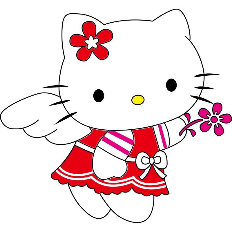 Adorable Hello Kitty is dressed in a vibrant red outfit with a flower accessory, showcasing her cute and playful charm.DTF Transfers