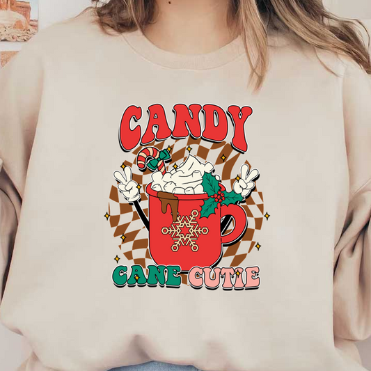 Celebre el espíritu navideño con este gráfico vibrante "Candy Cane Cutie" que presenta una divertida taza de chocolate caliente cubierta con crema batida.