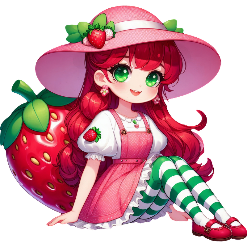 A whimsical character with long pink hair, wearing a strawberry-themed dress, green-and-white striped stockings, and a large pink hat.DTF Transfers