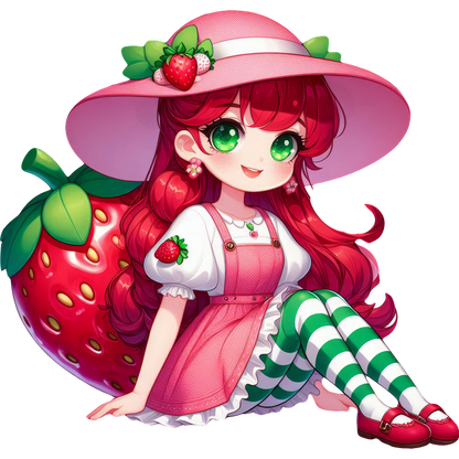 A whimsical character with long pink hair, wearing a strawberry-themed dress, green-and-white striped stockings, and a large pink hat.DTF Transfers