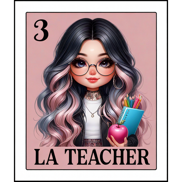 A stylish cartoon character with long black and pink hair, glasses, holding an apple and school supplies, labeled "LA TEACHER." dtf transfers