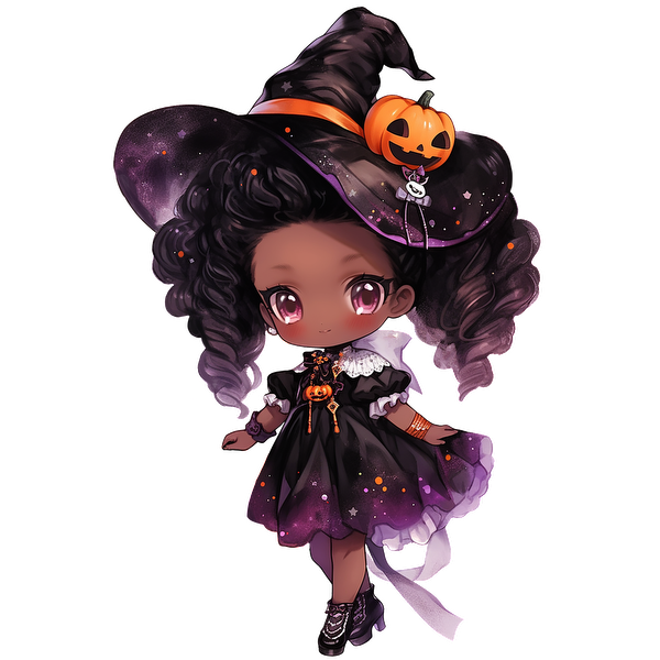 A cute chibi witch character wearing a black and purple dress, with a pumpkin hat and curly hair, perfect for Halloween!dtf regular iron