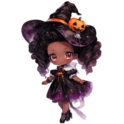 A cute chibi witch character wearing a black and purple dress, with a pumpkin hat and curly hair, perfect for Halloween!dtf regular iron