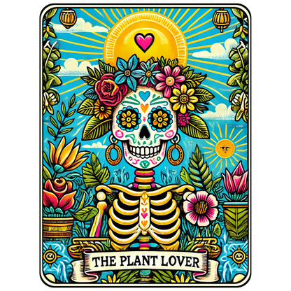 A vibrant, colorful illustration of a sugar skull adorned with flowers and plants, titled "The Plant Lover." dtf prints