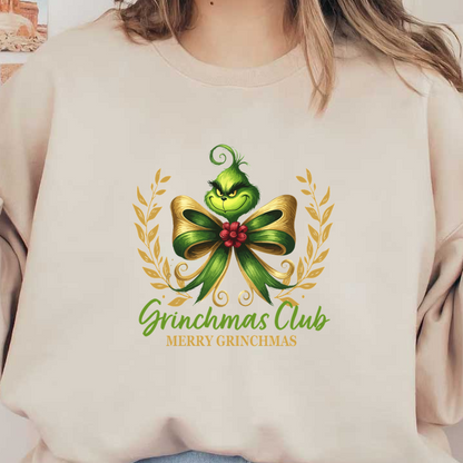 Celebrate the holiday spirit with this vibrant Grinchmas Club logo featuring the iconic Grinch and festive ribbon design. dtf transfers