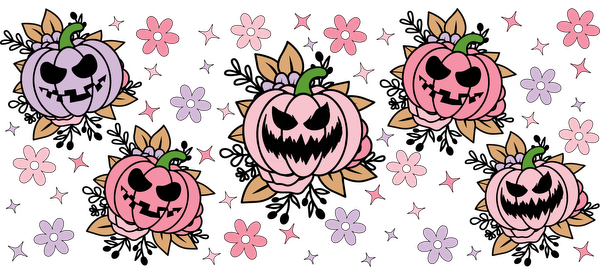 A playful design featuring pink and purple pumpkins with mischievous faces, surrounded by colorful flowers on a black background.UV Transfers dtf prints