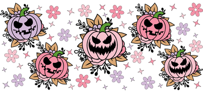 A playful design featuring pink and purple pumpkins with mischievous faces, surrounded by colorful flowers on a black background.UV Transfers dtf prints