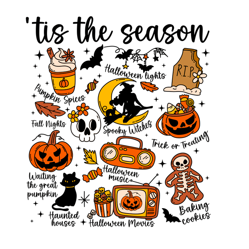 A festive Halloween-themed illustration featuring pumpkins, skulls, and spooky elements.DTF Transfers