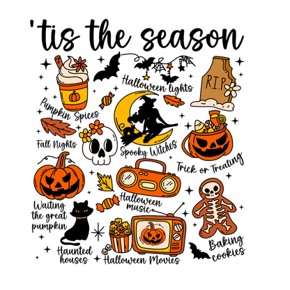 A festive Halloween-themed illustration featuring pumpkins, skulls, and spooky elements.DTF Transfers
