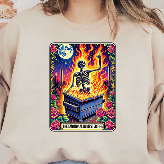 A vibrant and whimsical illustration featuring a skeleton joyfully sitting in a flaming dumpster surrounded by roses and stars.dtf regular iron