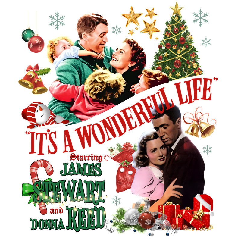 A festive collage featuring scenes from "It's a Wonderful Life," showcasing the iconic movie's title, stars, and holiday decorations.DTF Transfers dtf prints