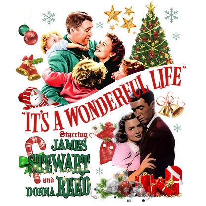 A festive collage featuring scenes from "It's a Wonderful Life," showcasing the iconic movie's title, stars, and holiday decorations.DTF Transfers dtf prints